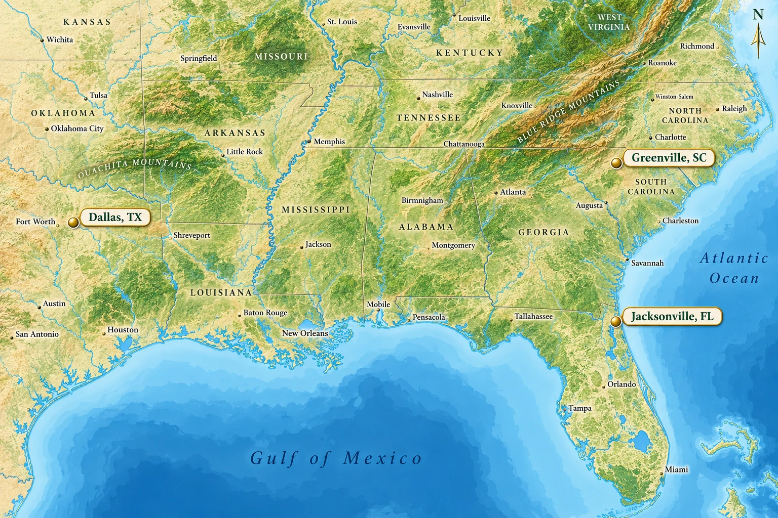 Three southern contrasts from Richmond Relief atlas marks inland Dallas in Texas, Greenville below the South Carolina foothills and Jacksonville in northeast Florida.