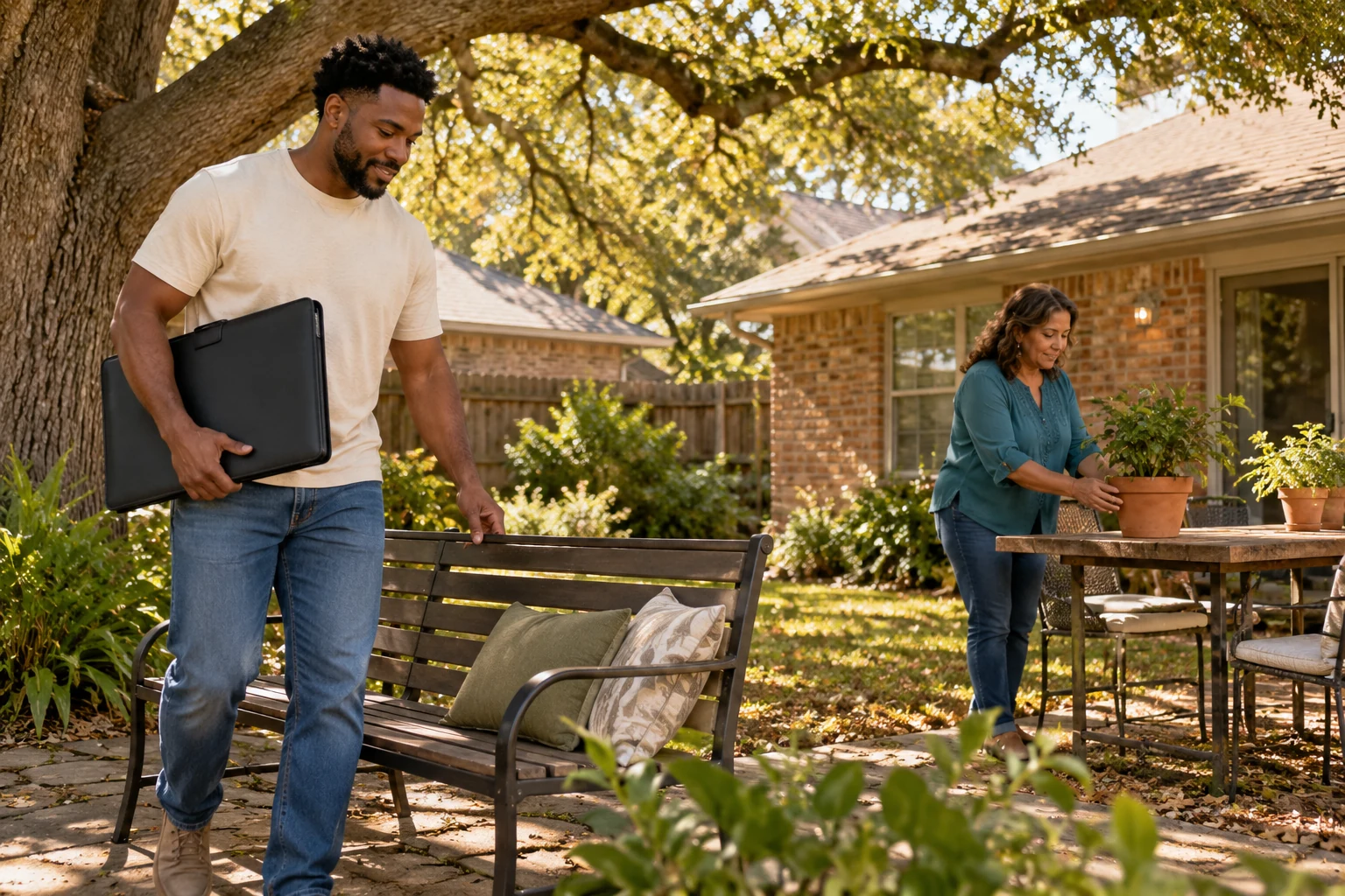 A shaded home pause in Dallas Man rests a hand on a garden bench while carrying a closed portfolio, and a woman moves a terracotta plant pot nearby.