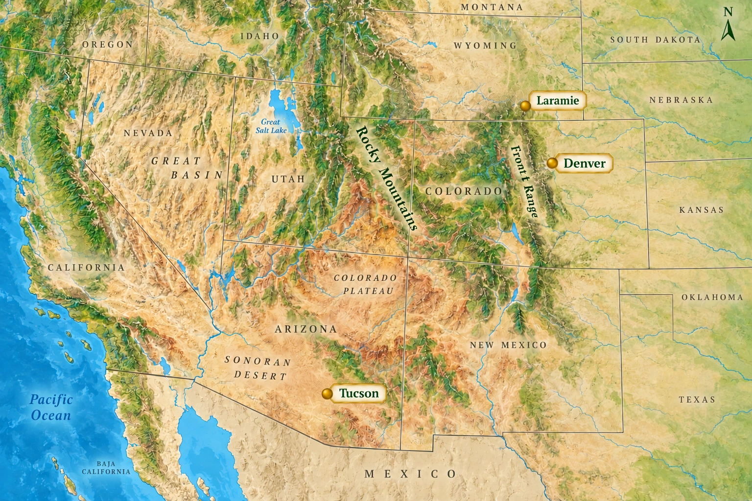 High plains and desert comparisons Western US relief atlas marks Laramie in southeast Wyoming, Denver east of the Front Range and Tucson in southern Arizona.