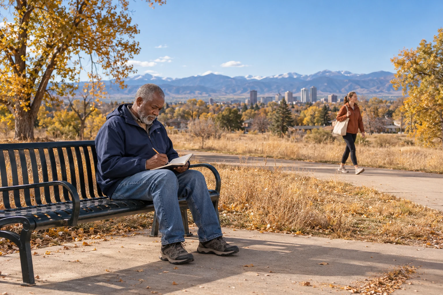 A sketchbook in a Denver park Older man sketches with a pencil on a park bench while another adult walks independently along a level autumn path.