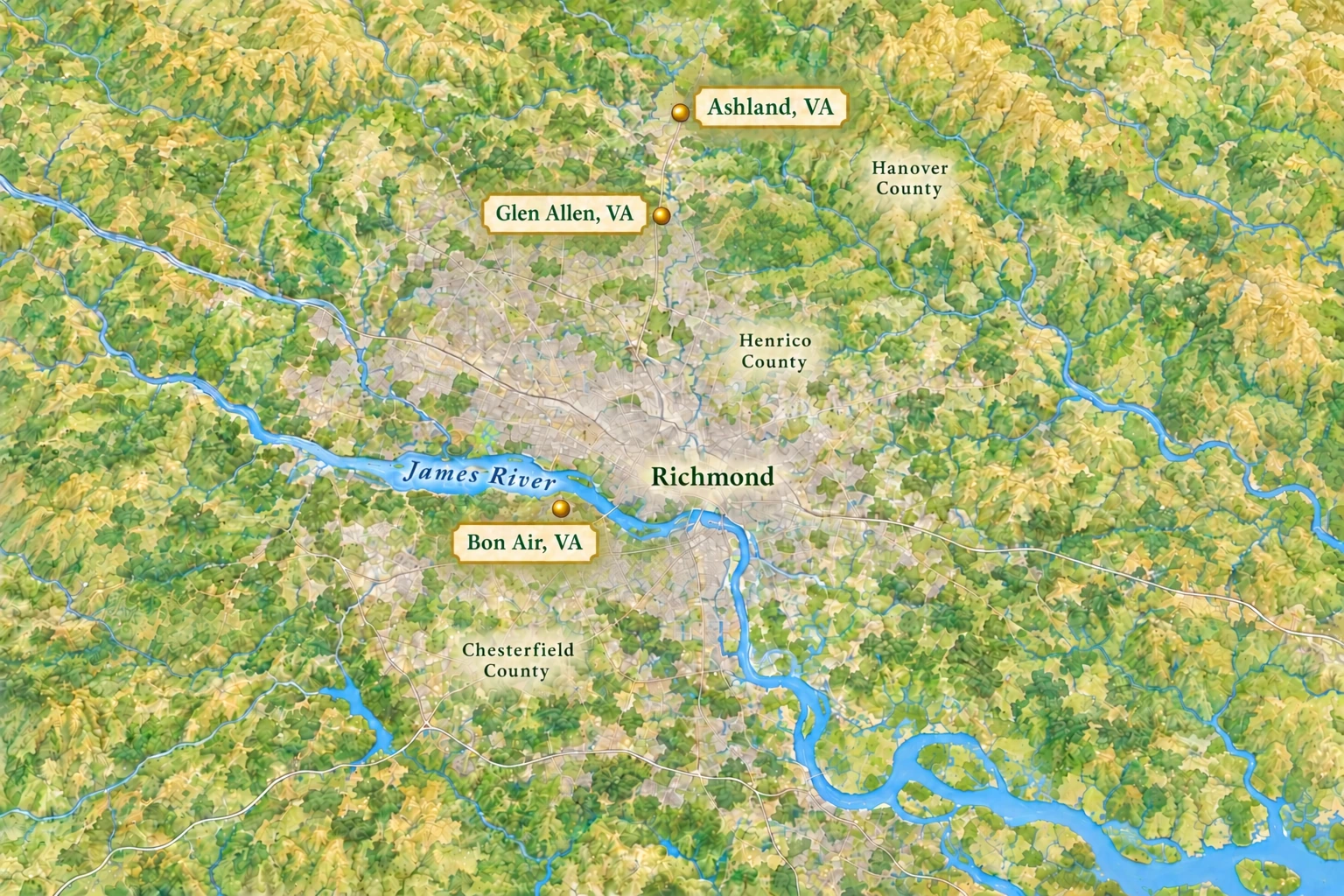 Three nearby places around Richmond Relief atlas shows Ashland north of Richmond, Glen Allen northwest and Bon Air southwest across the James River.