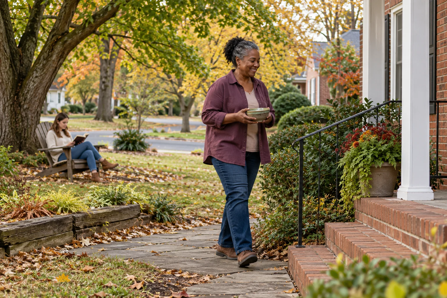 Separate pauses in Glen Allen Woman carries a ceramic bowl toward a brick porch while another adult reads beneath a leafy tree.