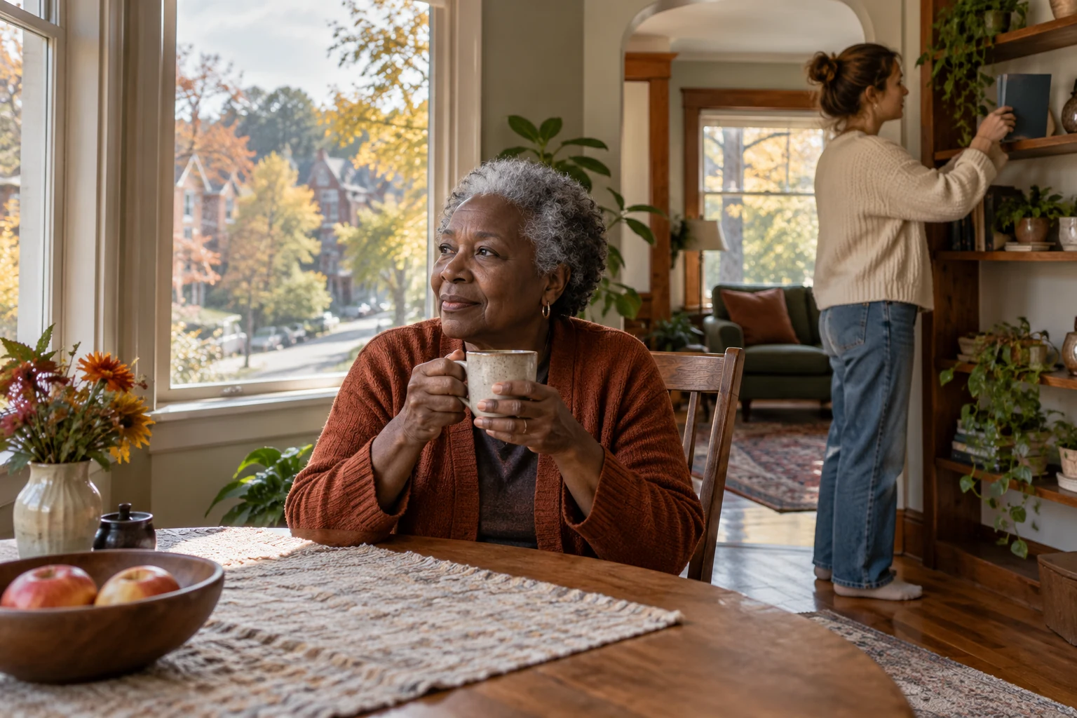 A quiet corner in Grand Rapids Older woman holds a mug by a window while another adult places a plain book on a shelf across the room.
