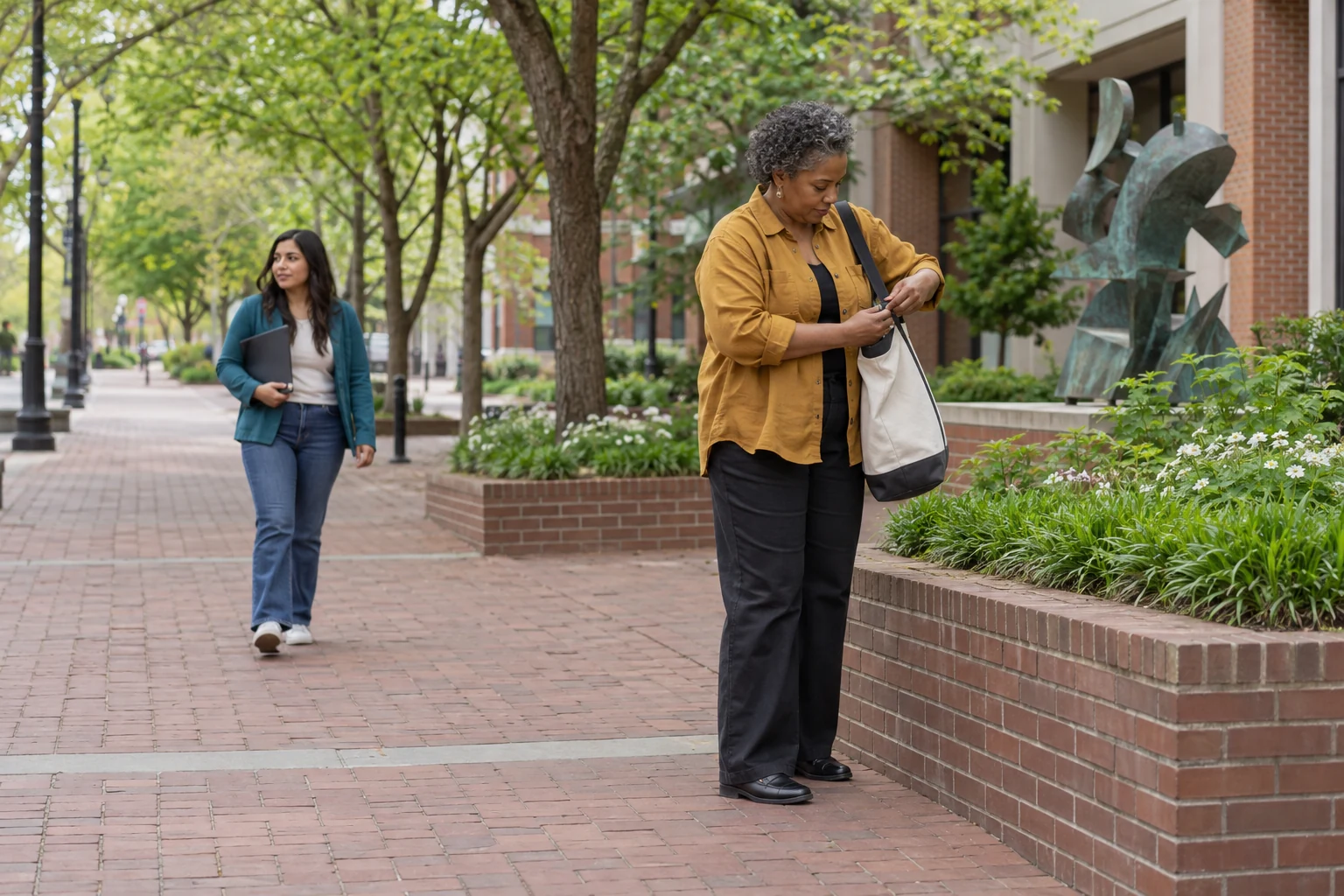 A pause on a Greensboro arts street Woman adjusts the strap of a canvas art bag beside a low brick planter while another adult walks past with a plain folder.