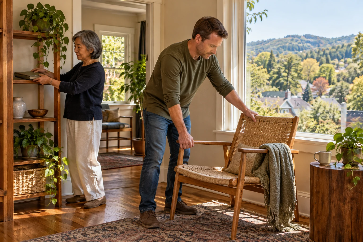 Making a reading corner in Greenville Man adjusts a woven reading chair near a window while another adult sets a closed folder on a shelf.