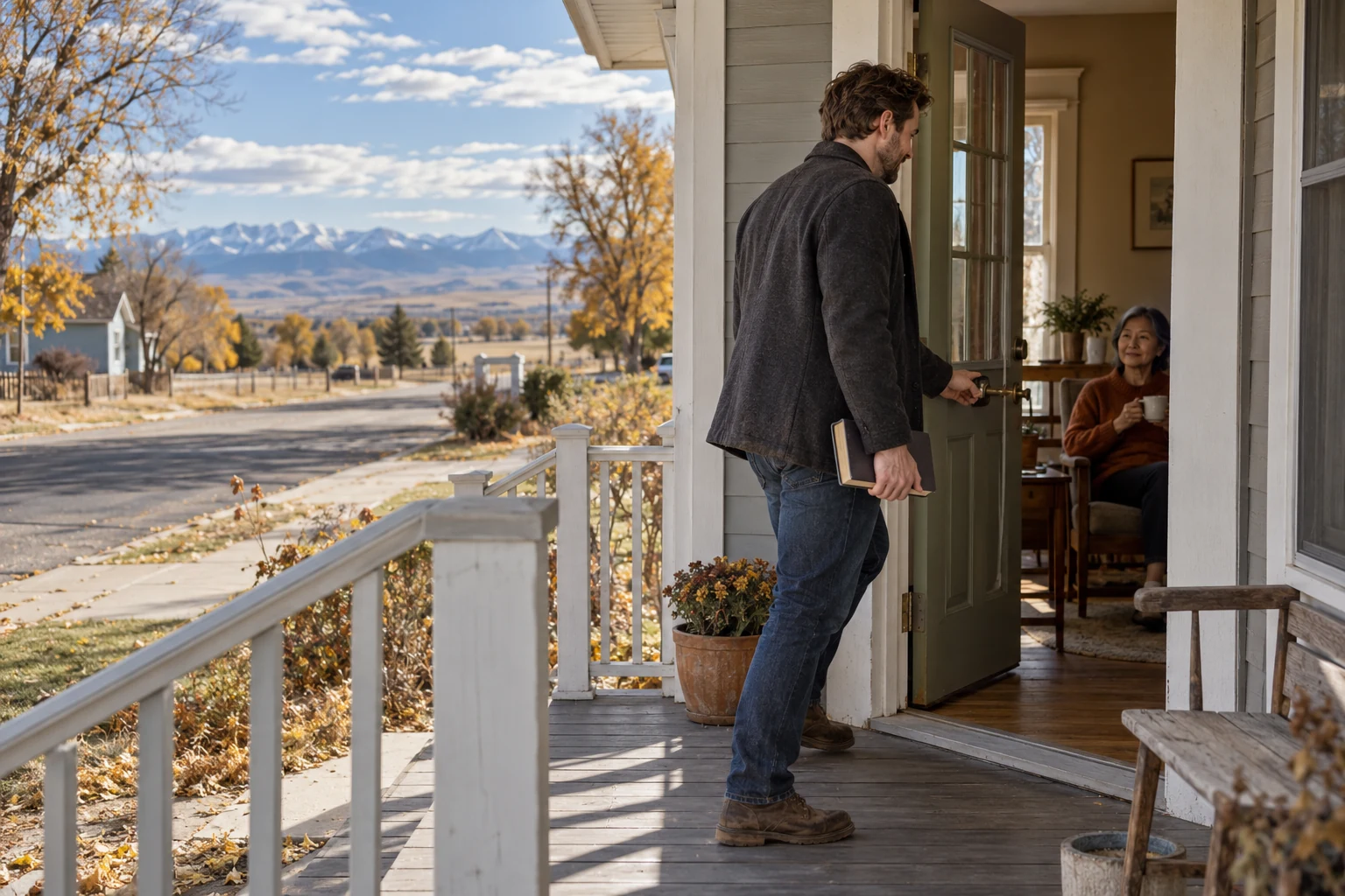 Opening the porch door in Laramie Man carrying a closed book opens a porch door while another adult sits inside with a cup, with a broad high-valley landscape beyond the street.