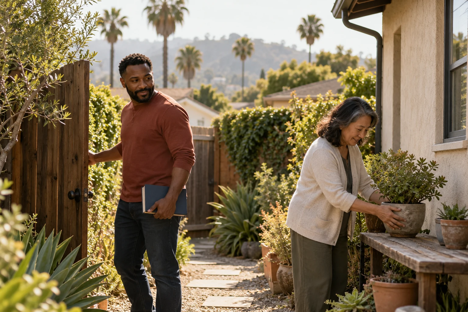 An ordinary Los Angeles side yard Man holds a plain book and opens a wooden side gate while a woman supports a plant pot on a sturdy table.