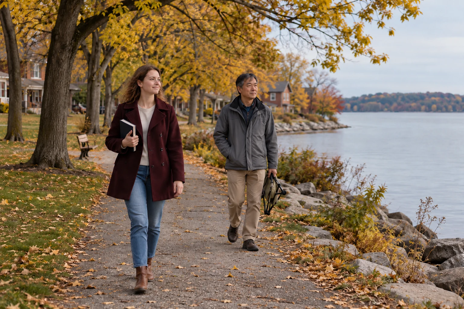 A lakeside walk in Madison Two adults walk along a leafy lake path, one holding a plain book and the other carrying a folded chair.
