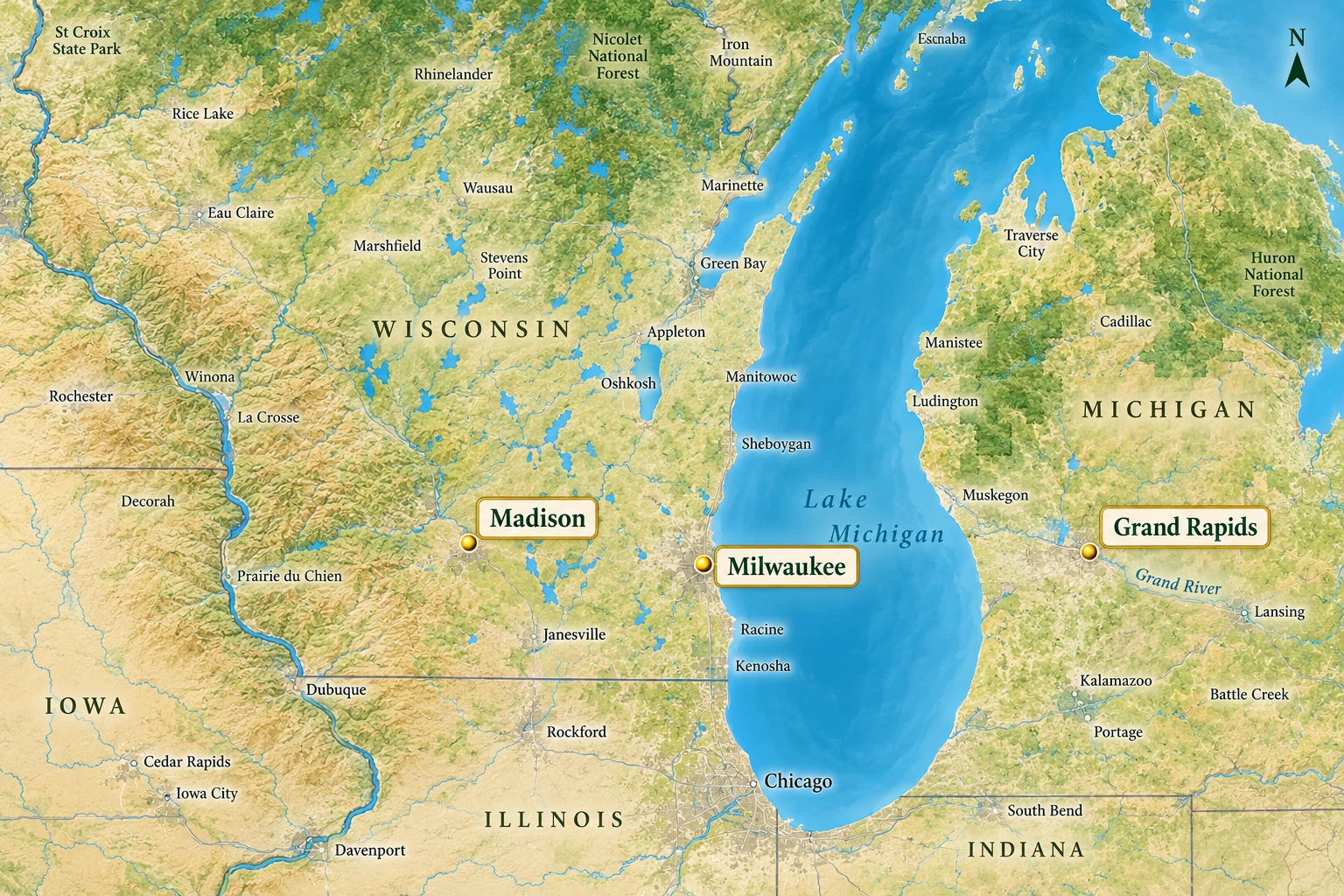 Madison, Milwaukee and Grand Rapids Relief atlas places Madison inland west of Lake Michigan, Milwaukee on its western shore and Grand Rapids inland to the east.