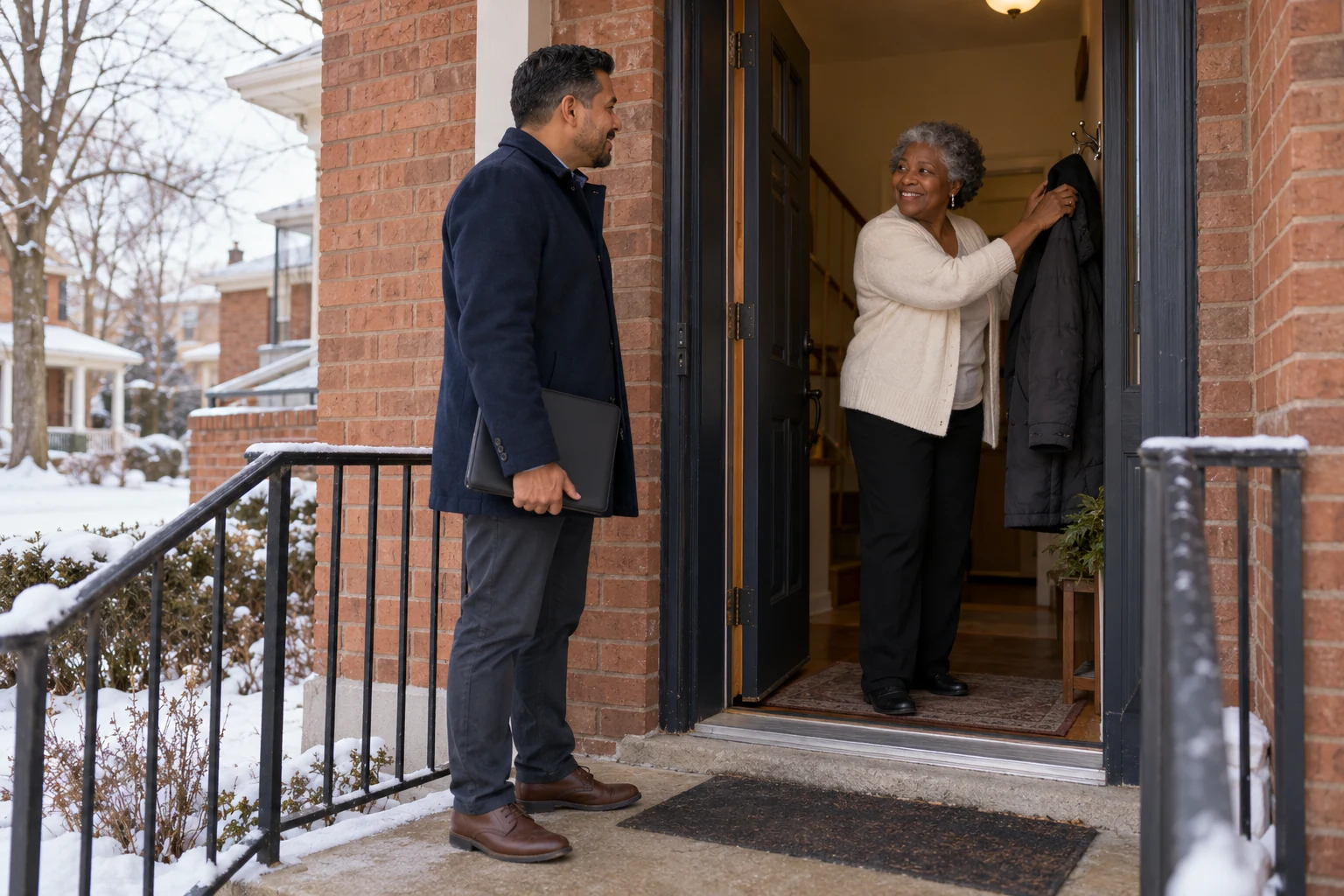 A winter threshold in Milwaukee Man holds a closed portfolio at a brick doorway while an older woman hangs a dark coat inside.