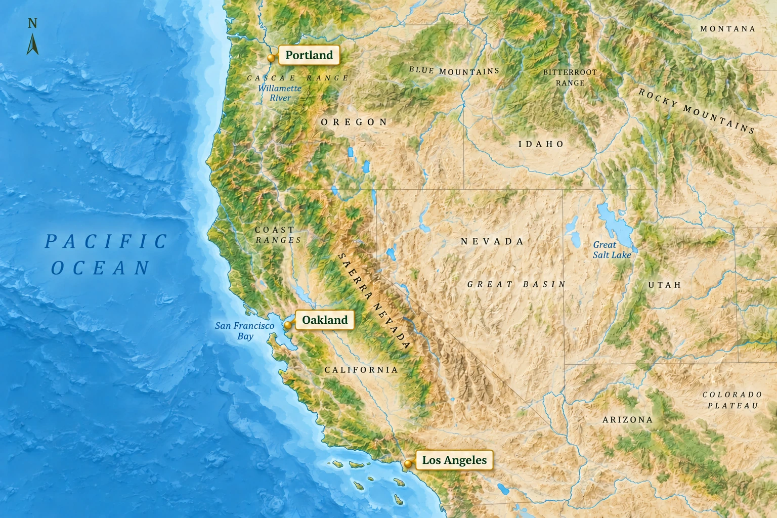 Three Pacific city settings Relief atlas places Portland inland on the Willamette, Oakland east of San Francisco Bay and Los Angeles farther south.