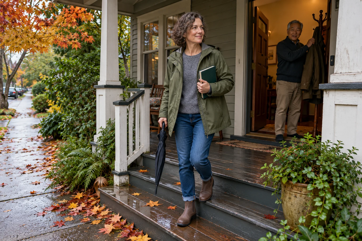 A rainy return in Portland, Oregon Woman carries a plain book and folded umbrella down a wet wooden porch while another adult hangs a coat inside.