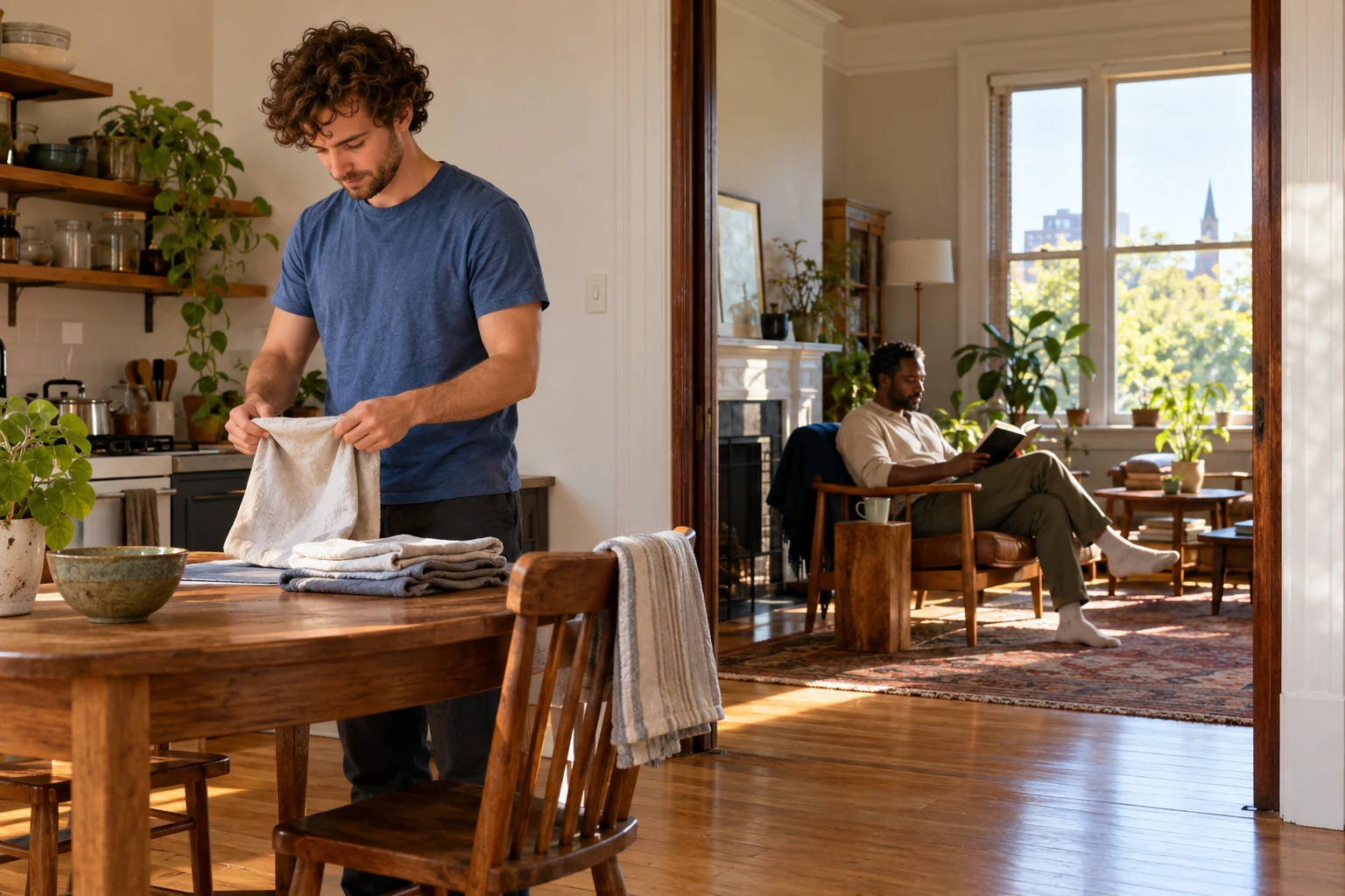 Shared space with room for separate routines One man folds a cloth at a kitchen table while another reads independently beside a window in an adjoining room.