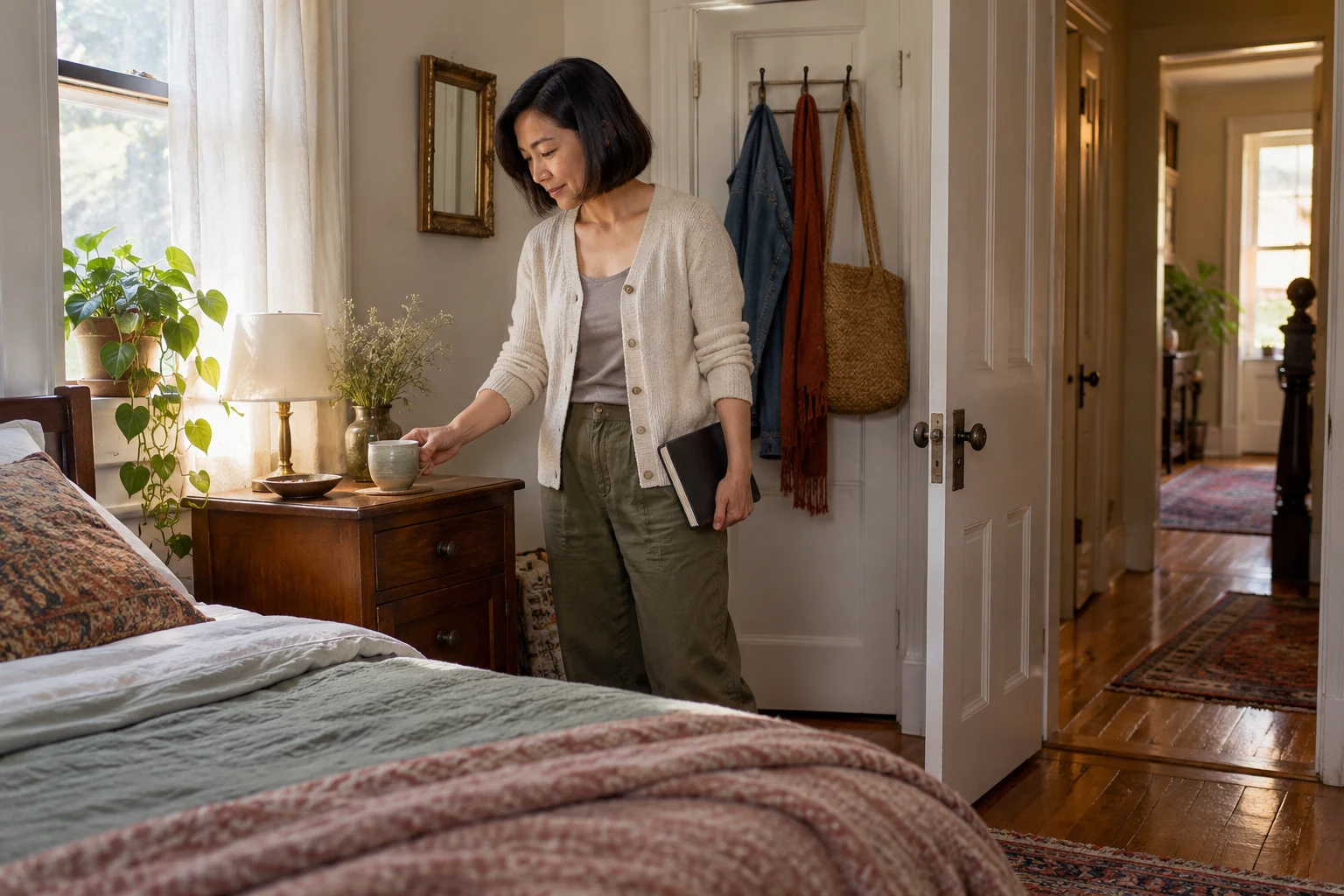 A bedroom that belongs to one friend Woman sets a mug on a bedside chest while holding a closed notebook beside an open bedroom door.
