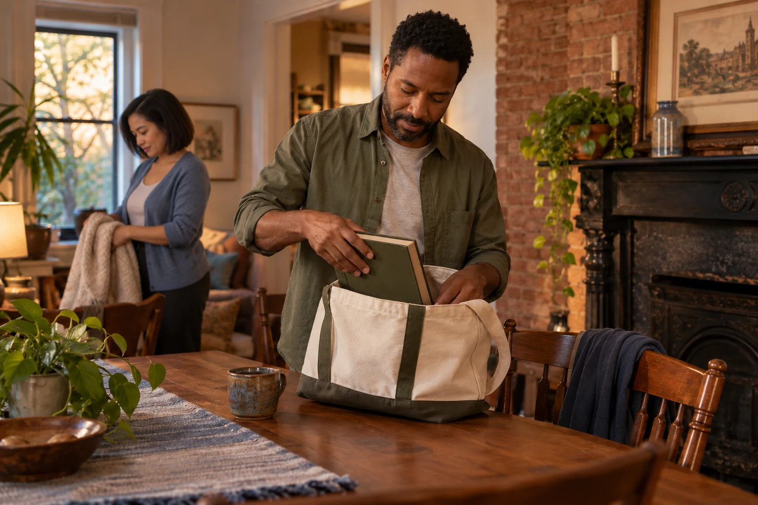 Thinking about an overseas chapter from Richmond Man places a plain book into a canvas bag while his housemate folds linen independently behind him.