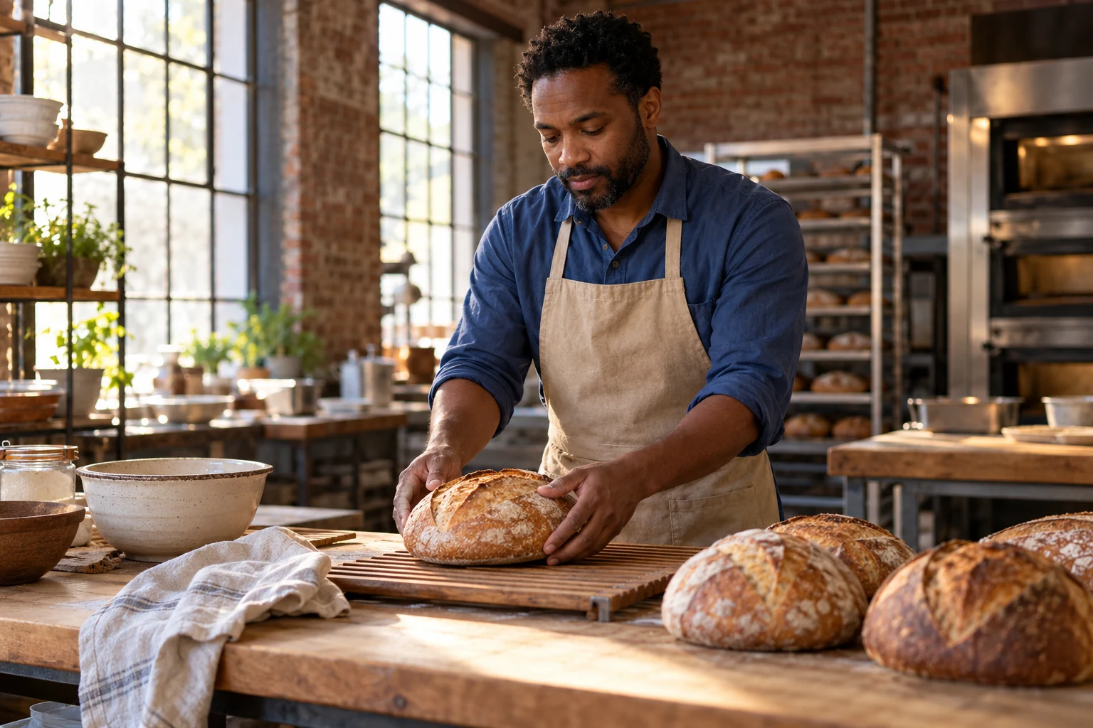 An early shift that still needs a real journey Man in a plain apron places a round loaf on a wooden cooling board in a brick bakery workroom.