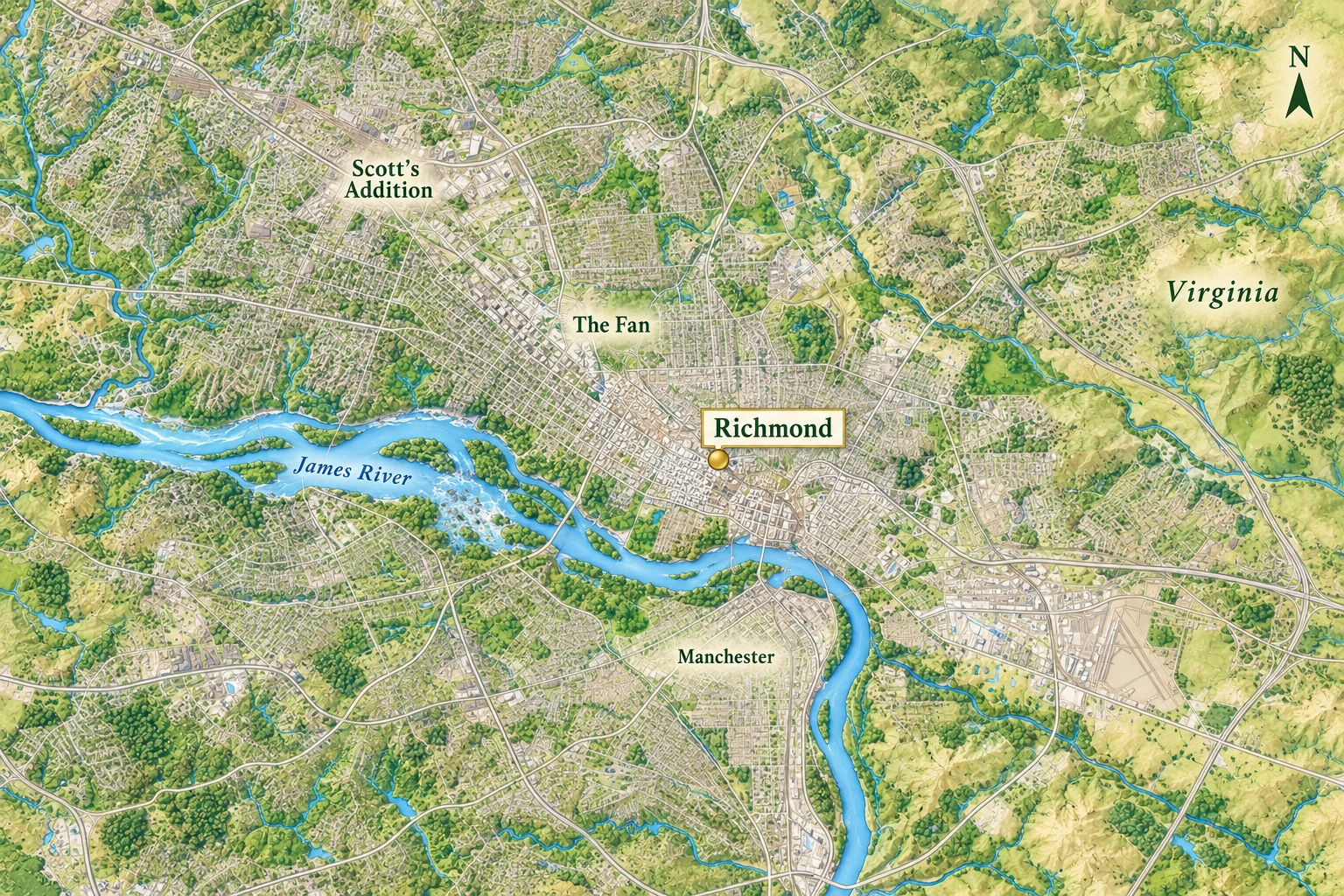 Richmond and the James River Relief atlas places Richmond north of the James River, Manchester south, and the Fan and Scott's Addition northwest of downtown.