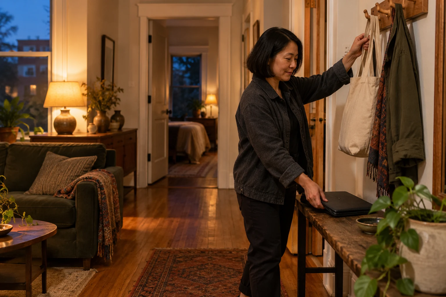 Coming home after the other friend's bedtime Woman hangs a canvas bag on a wall peg and sets a closed portfolio on a narrow hallway bench at dusk.