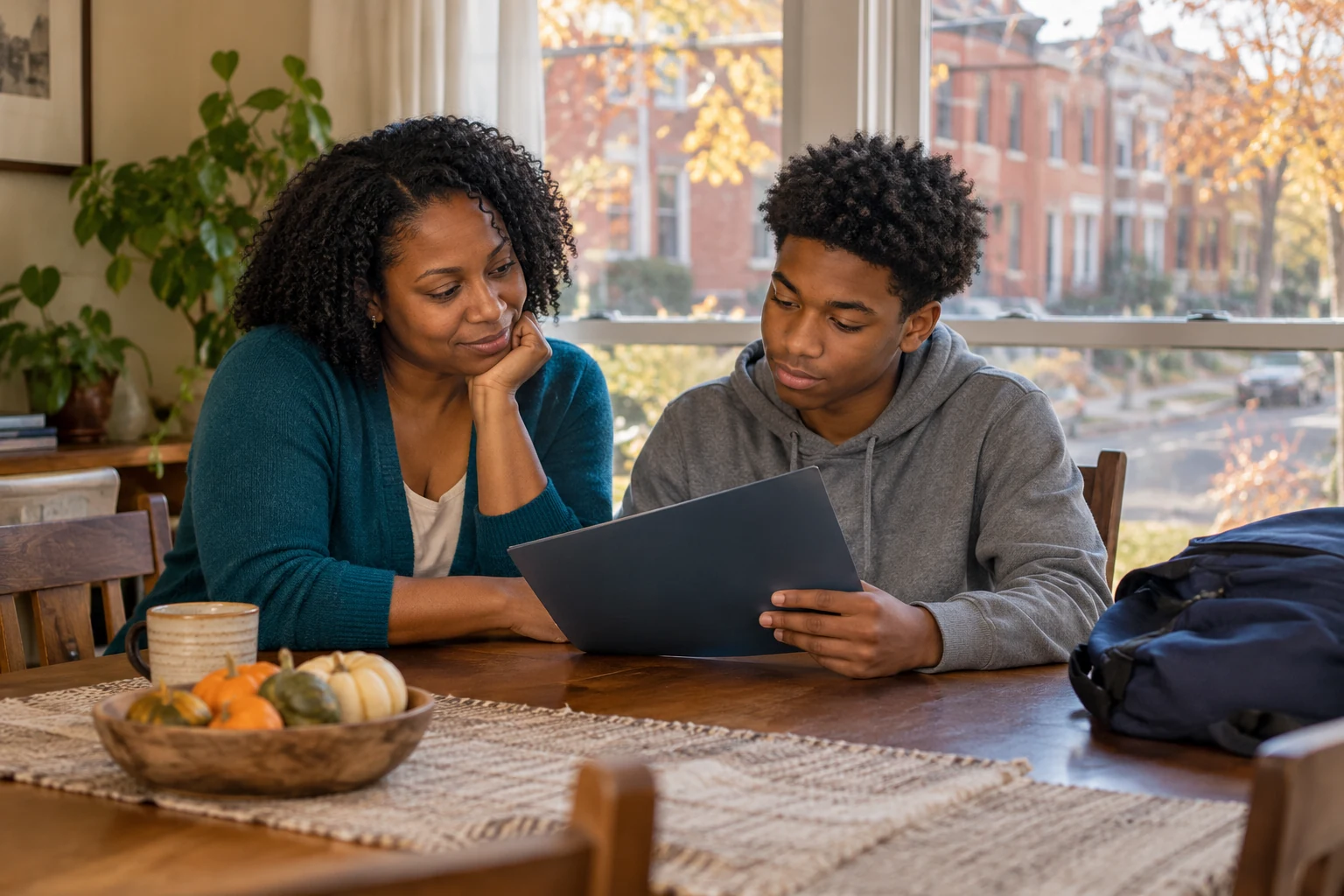 A separate family's school decision Parent and teenage boy sit at a table looking together at a plain closed folder in the boy's hands.