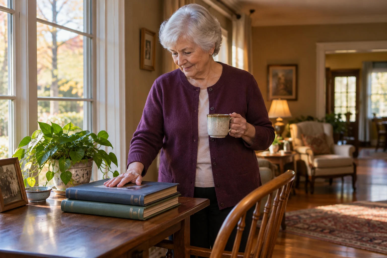 Keeping familiar things close in retirement Older woman rests one hand on two closed photograph albums while holding a ceramic mug beside a window.