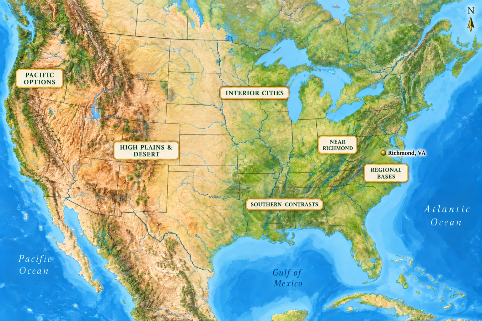 Six scales of a US move from Richmond Physical atlas of the contiguous United States marks Richmond in inland Virginia and six broad comparison groups.