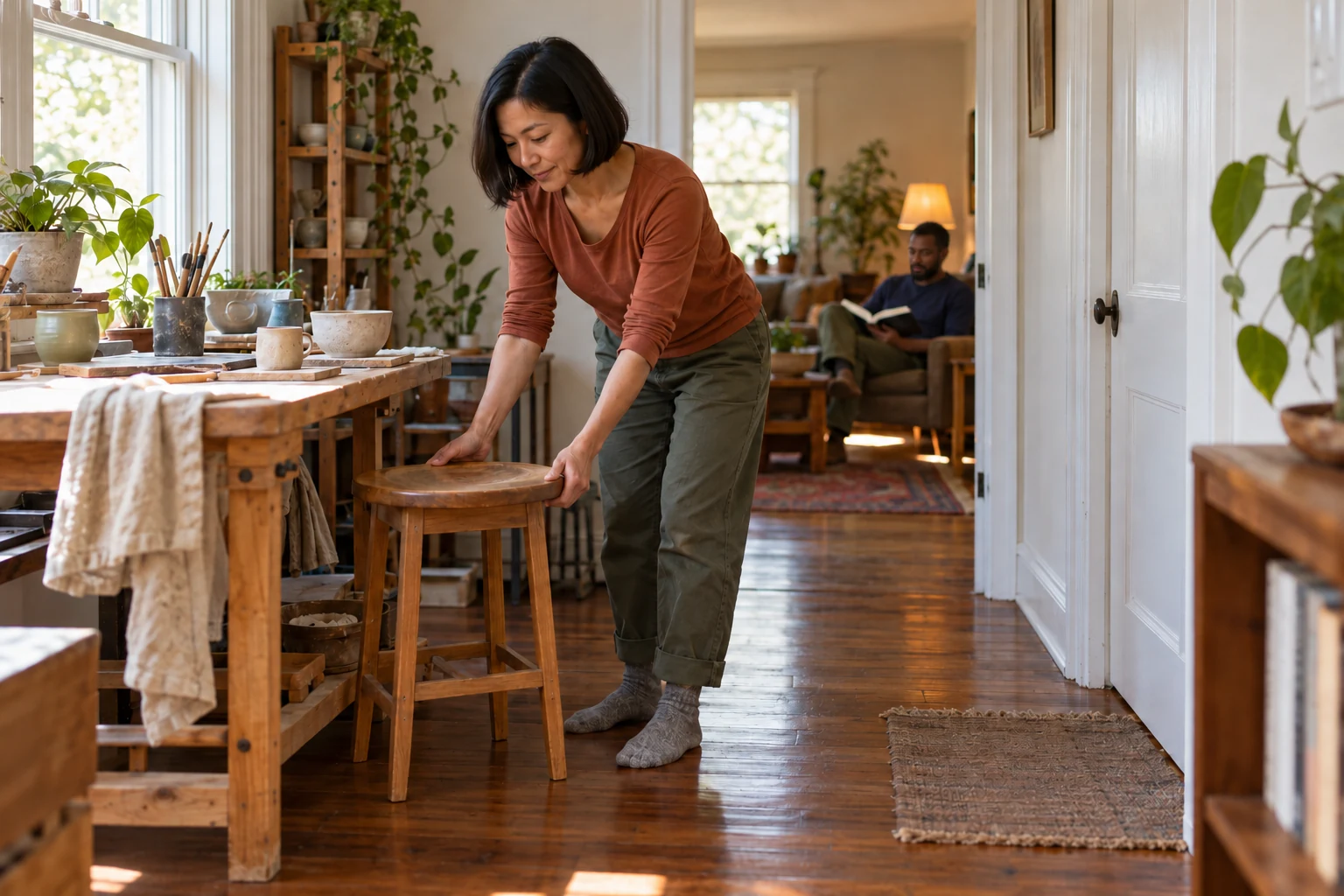 Trying a smaller change before moving Woman adjusts a wooden stool beside her ceramics table while her friend reads in another room.