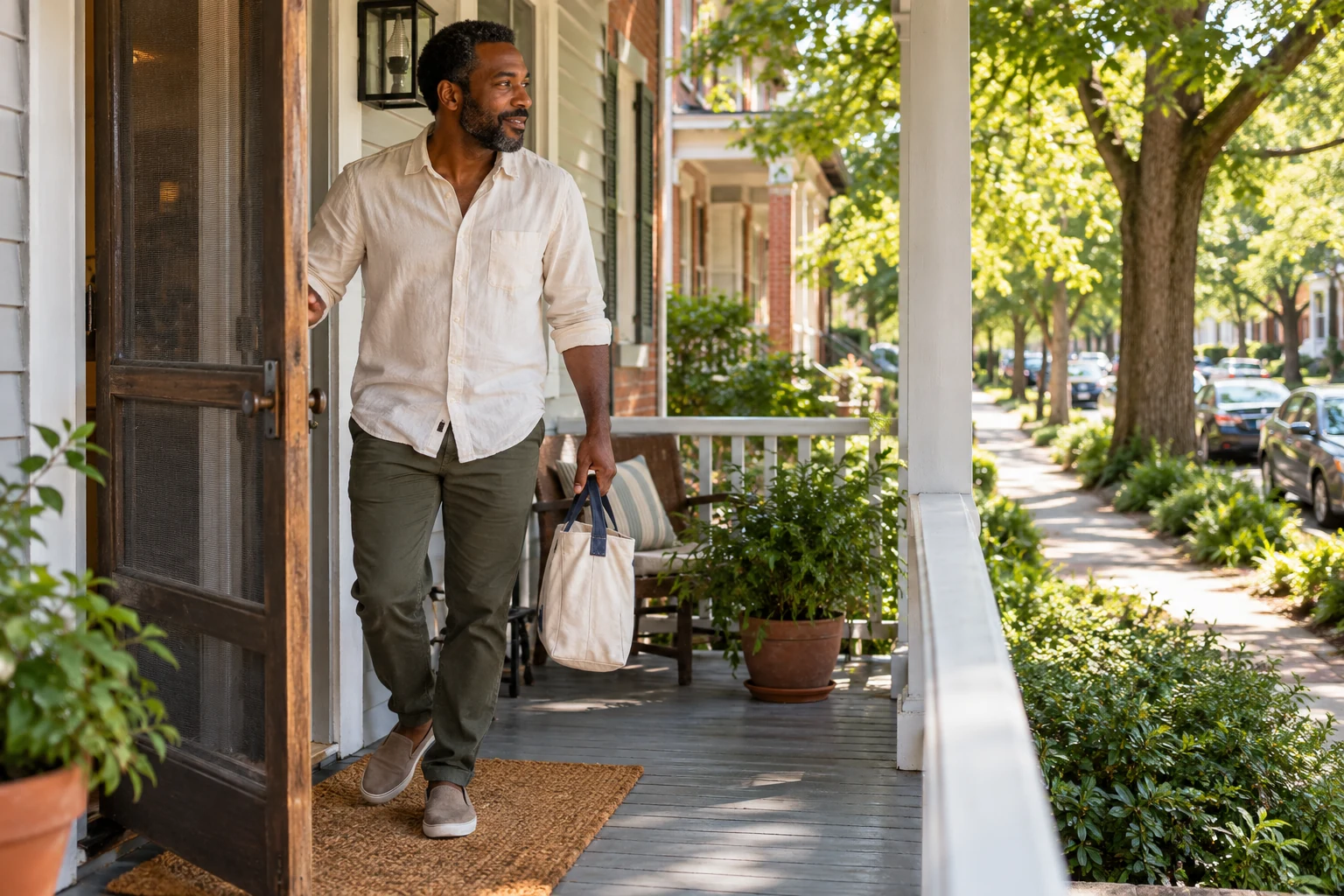 Testing a warm Richmond afternoon Man carries an unlettered canvas bag through a timber screen door onto a leafy shaded porch.