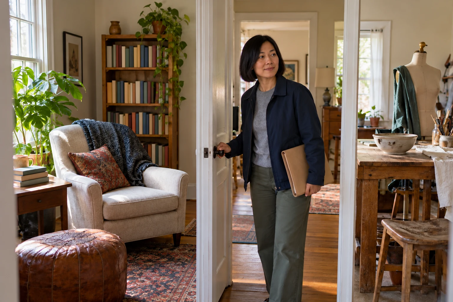 A viewing that tests two useful rooms Woman holds a plain portfolio in a doorway between a reading chair and a small work table.