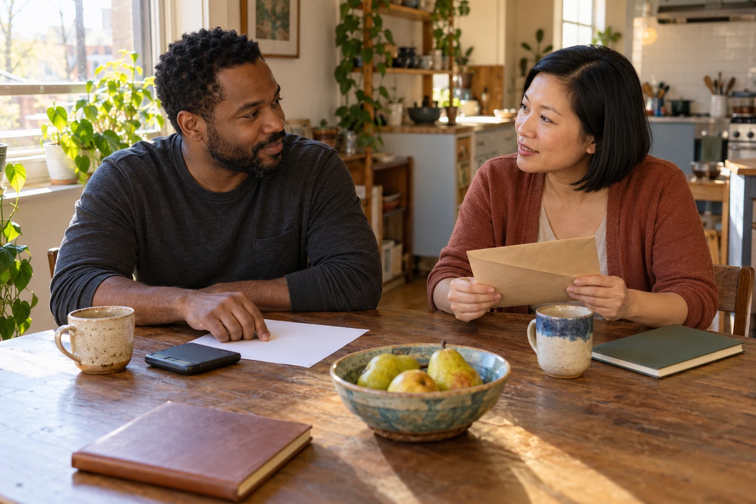Agree on contributions beside the complete month Two adults sit at a kitchen table with a plain envelope, blank sheet, closed notebooks and two ceramic cups.