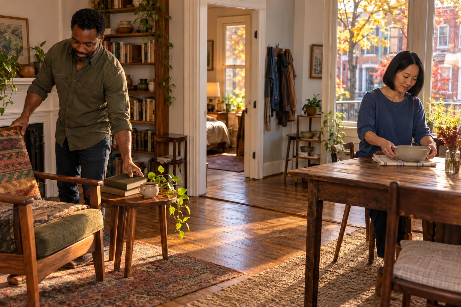 Give each person a useful place in the next home A man sets down a closed book beside a reading chair while a woman holds a ceramic bowl at a separate table.
