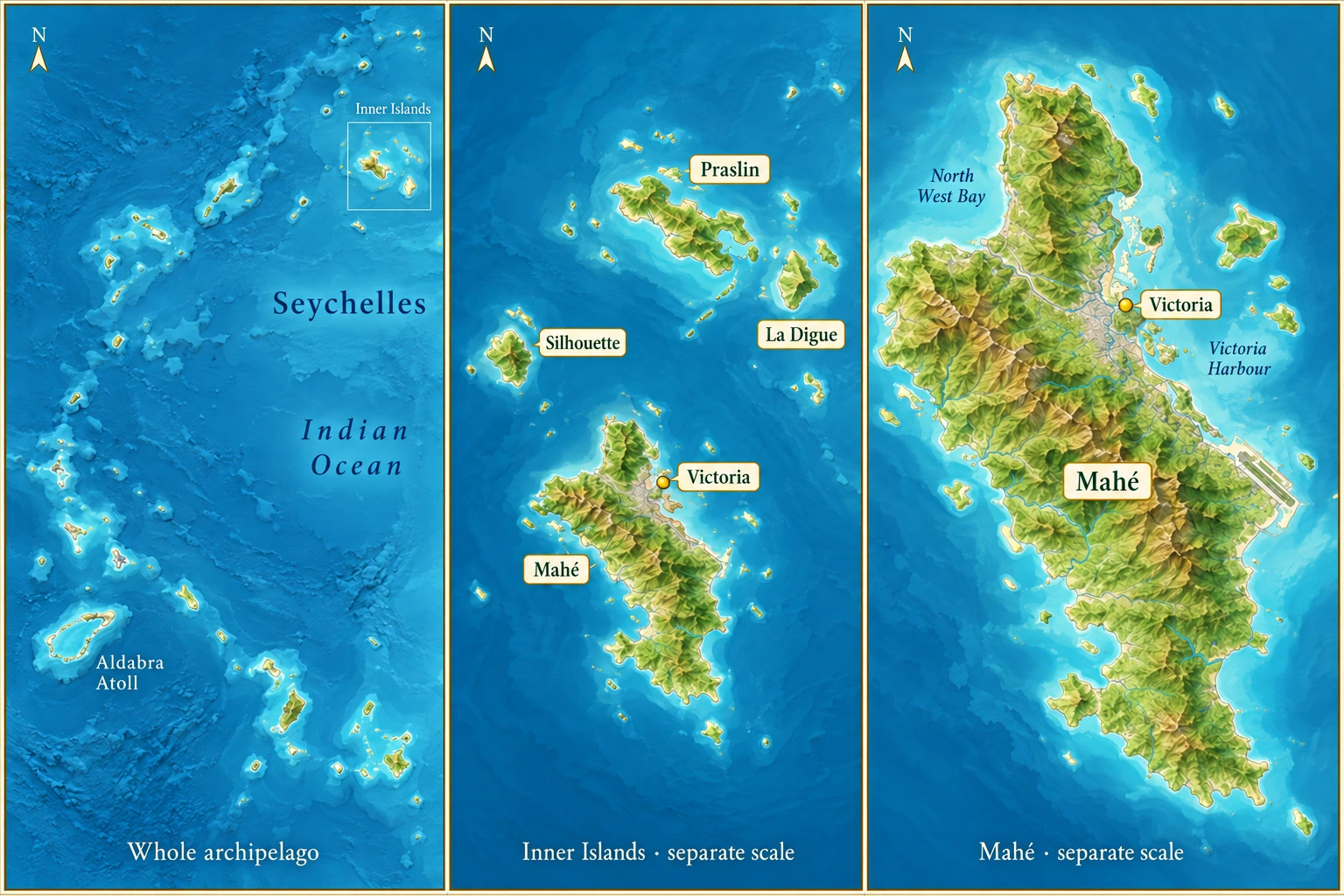 Seychelles, the Inner Islands and Mahé Three-panel atlas shows the whole Seychelles archipelago, the Inner Islands and Mahé with Victoria on its northeast coast.