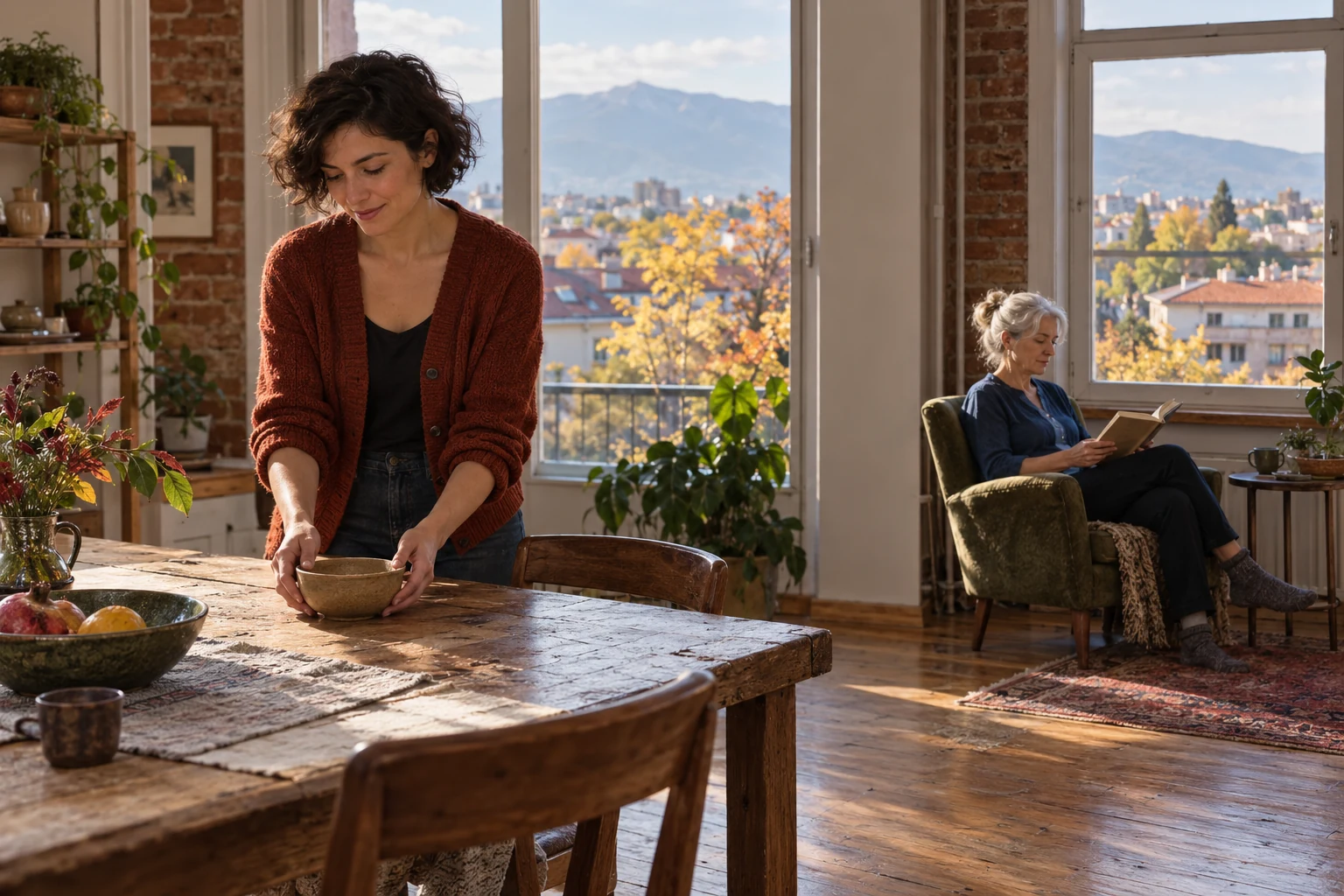 An autumn afternoon in Sofia Woman sets a small clay bowl on a wooden table while another adult reads by a window overlooking autumn roofs and a broad mountain.