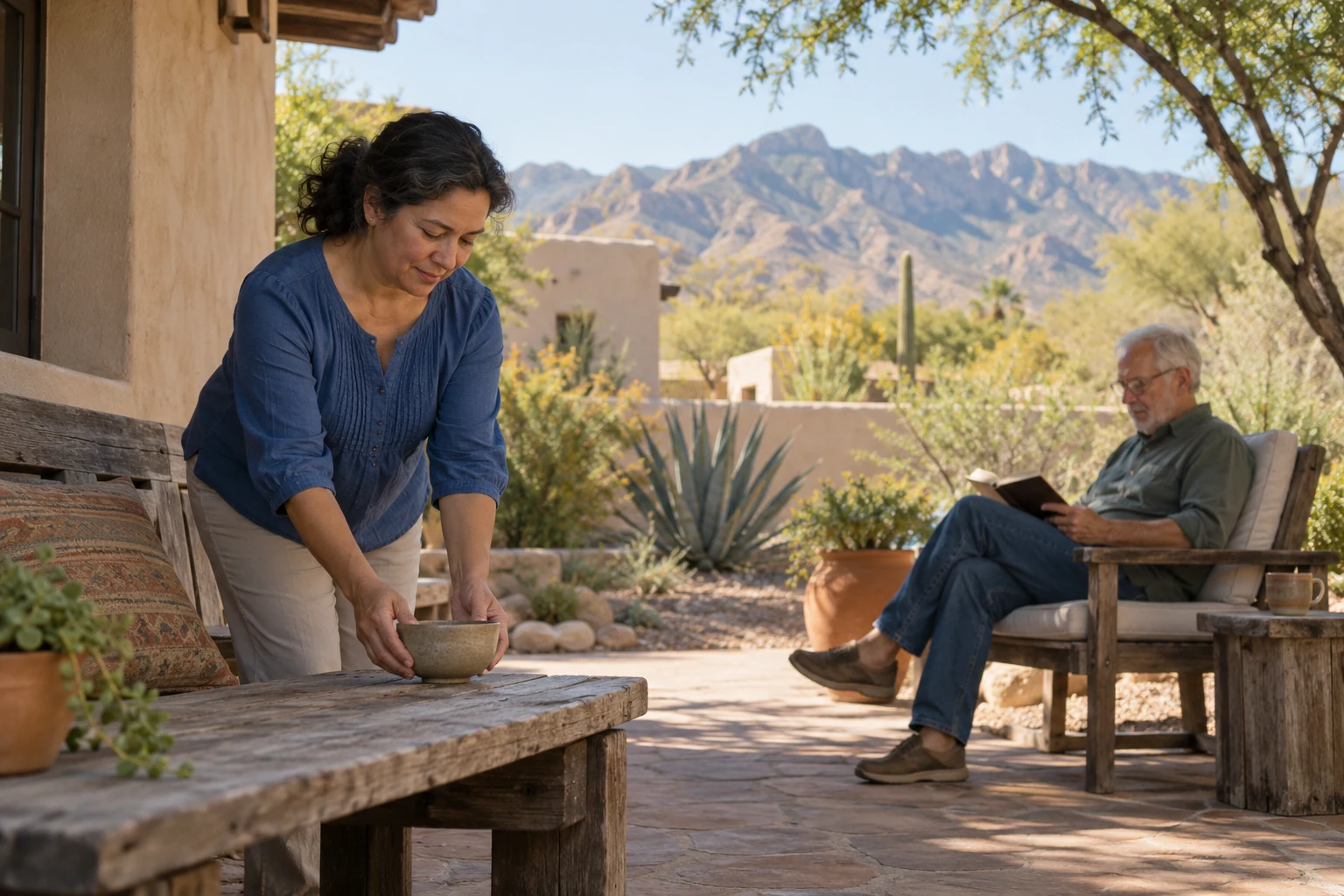 A clay bowl on a Tucson patio Woman sets a ceramic bowl on a rough wooden table while an older man reads in a separate chair on a shaded desert patio.