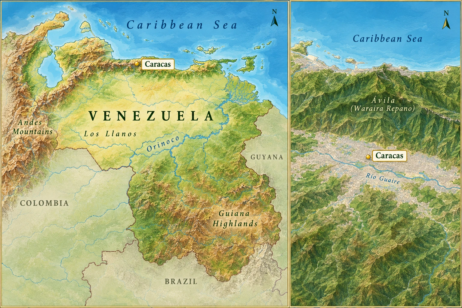 Venezuela and the Caracas valley Two-panel relief atlas places Caracas in northern Venezuela and shows its inland valley south of the Ávila ridge.