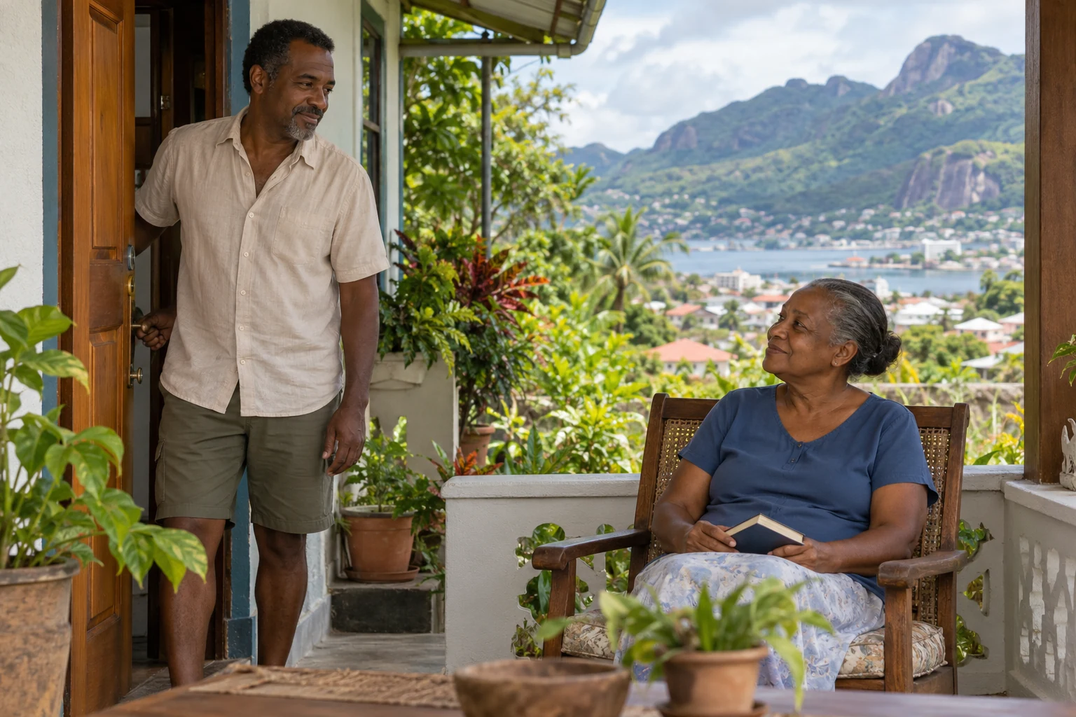 A quiet veranda in Victoria on Mahé Man opens a timber door beside a seated woman holding a plain book, with a leafy hillside and sheltered water beyond the veranda.