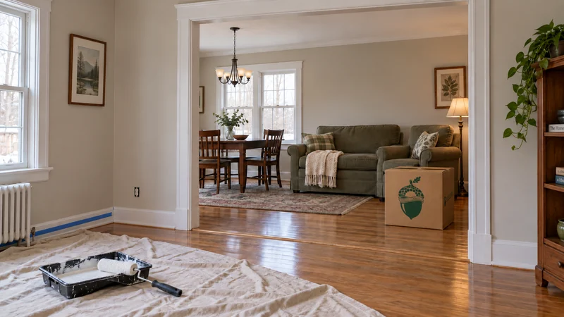 A cleared room ready for painting, with furniture and a branded carton temporarily placed in an adjoining room. A cleared room ready for painting, with furniture and a branded carton temporarily placed in an adjoining room.