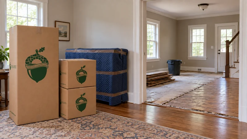 Furniture and branded cartons staged clear of a room undergoing flooring work. Furniture and branded cartons staged clear of a room undergoing flooring work.