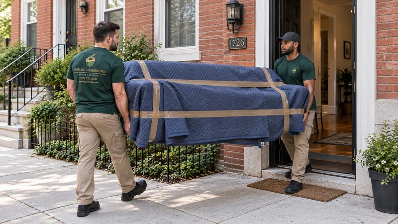 Two Sterling movers making a short transfer of a blanket-protected sofa through a rowhouse doorway. Two Sterling movers making a short transfer of a blanket-protected sofa through a rowhouse doorway.