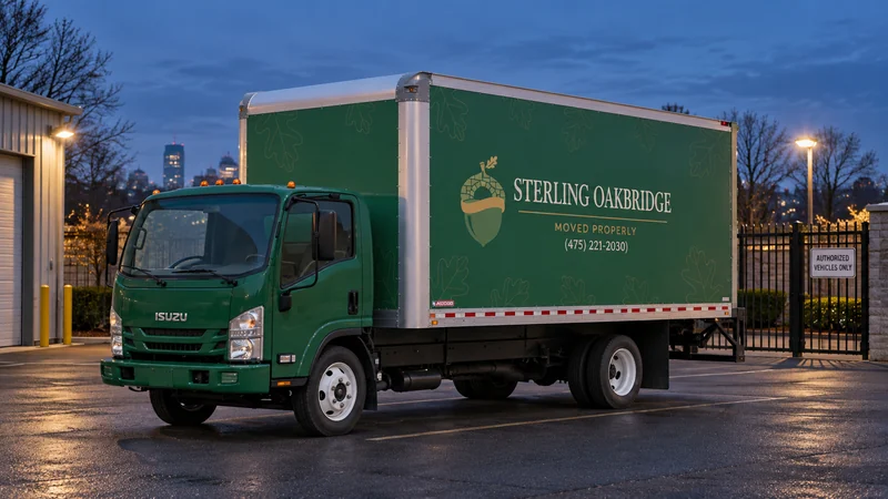 A branded Sterling truck parked in a private paved vehicle yard at dusk. A branded Sterling truck parked in a private paved vehicle yard at dusk.