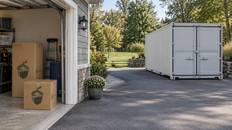 A portable container on a driveway, with branded moving cartons kept clear of the garage entrance. A portable container on a driveway, with branded moving cartons kept clear of the garage entrance.