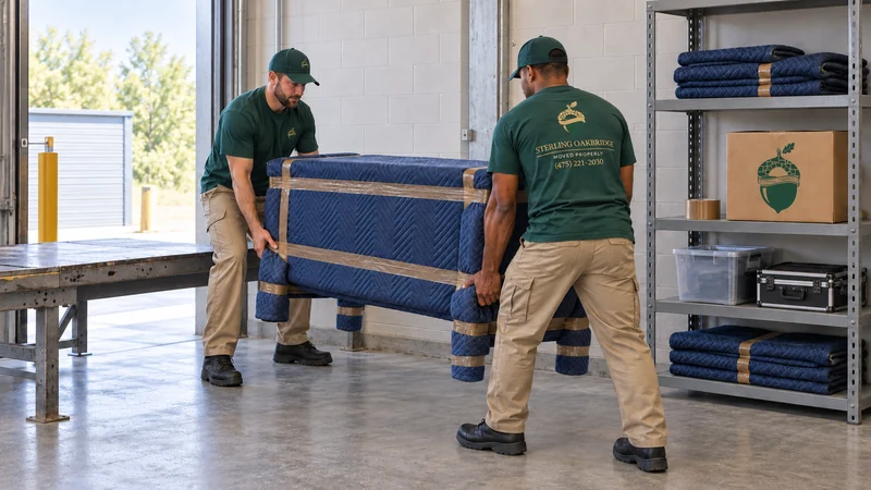 Two Sterling movers transferring protected household furniture inside a storage receiving area. Two Sterling movers transferring protected household furniture inside a storage receiving area.