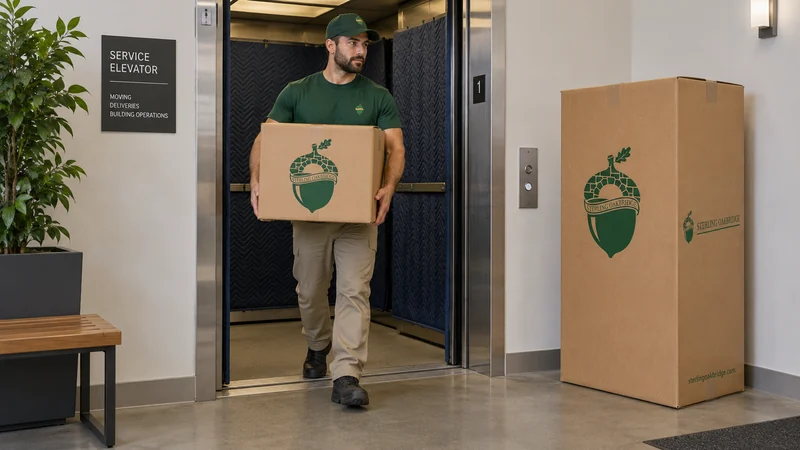A Sterling mover carrying a carton through a padded service elevator, with a wardrobe carton clear of the doorway. A Sterling mover carrying a carton through a padded service elevator, with a wardrobe carton clear of the doorway.