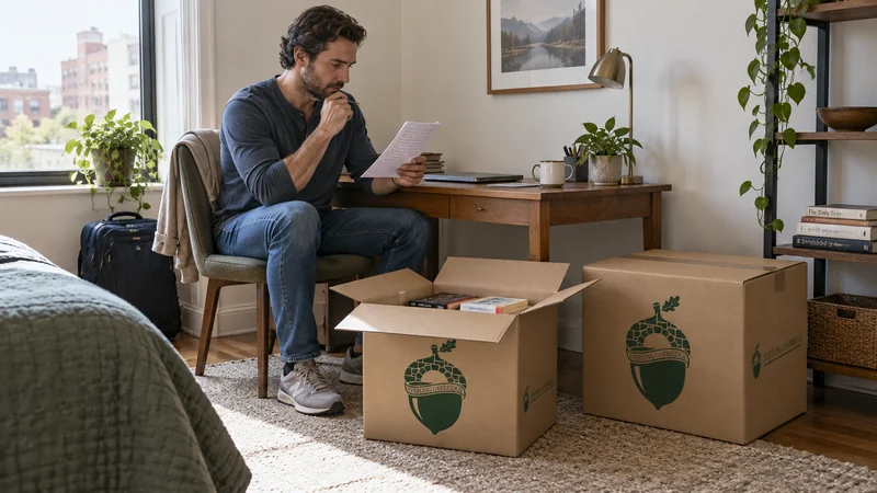 A temporary furnished apartment with a work corner, a small book carton and a separate essentials shipment. A temporary furnished apartment with a work corner, a small book carton and a separate essentials shipment.