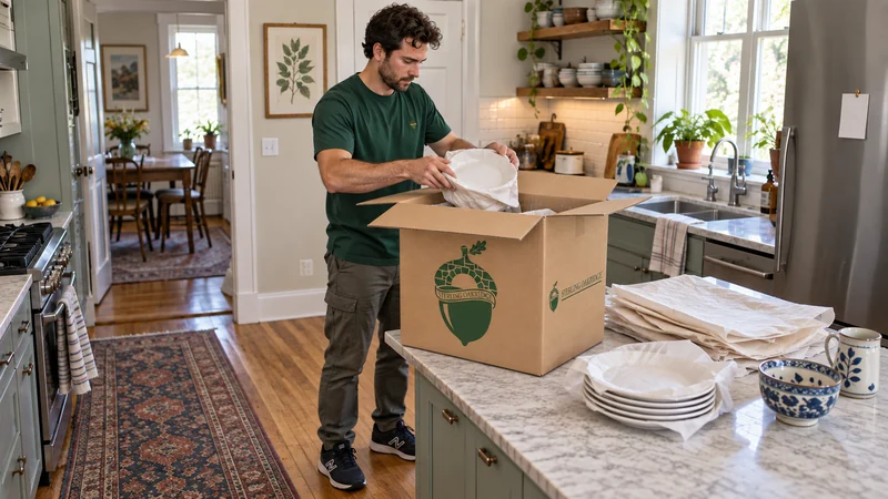 A Sterling packing employee preparing crockery in a branded double-wall china carton. A Sterling packing employee preparing crockery in a branded double-wall china carton.