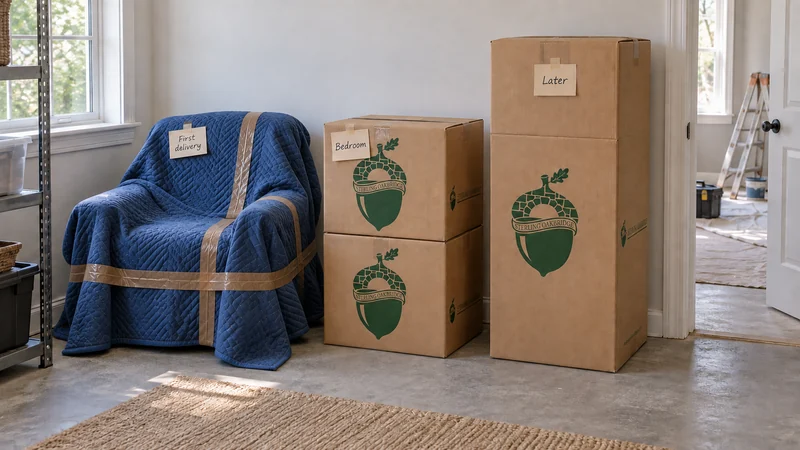 Stored furniture and branded cartons grouped for a first delivery, bedroom delivery and later return. Stored furniture and branded cartons grouped for a first delivery, bedroom delivery and later return.