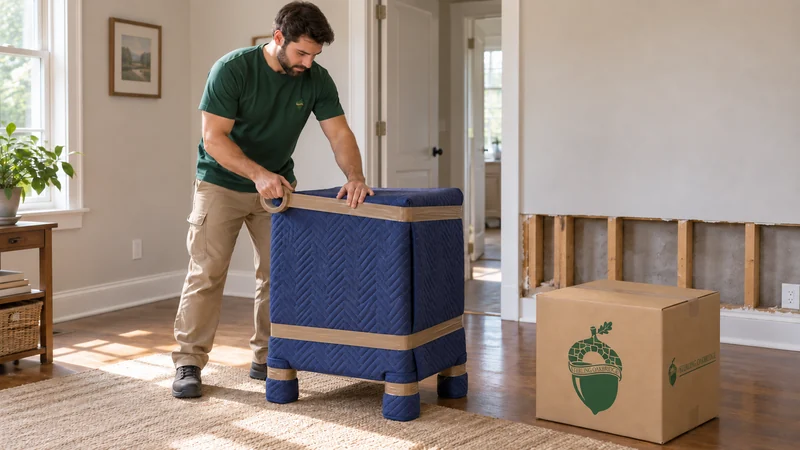 A Sterling mover protecting an empty cabinet in a dry room cleared for access after water-damage work. A Sterling mover protecting an empty cabinet in a dry room cleared for access after water-damage work.