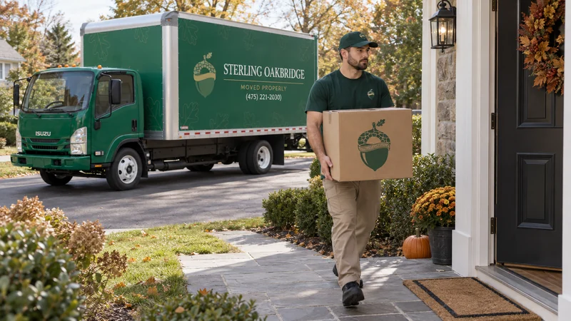 A Sterling Oakbridge mover carrying a branded carton toward a home, with a company truck in the driveway. A Sterling Oakbridge mover carrying a branded carton toward a home, with a company truck in the driveway.